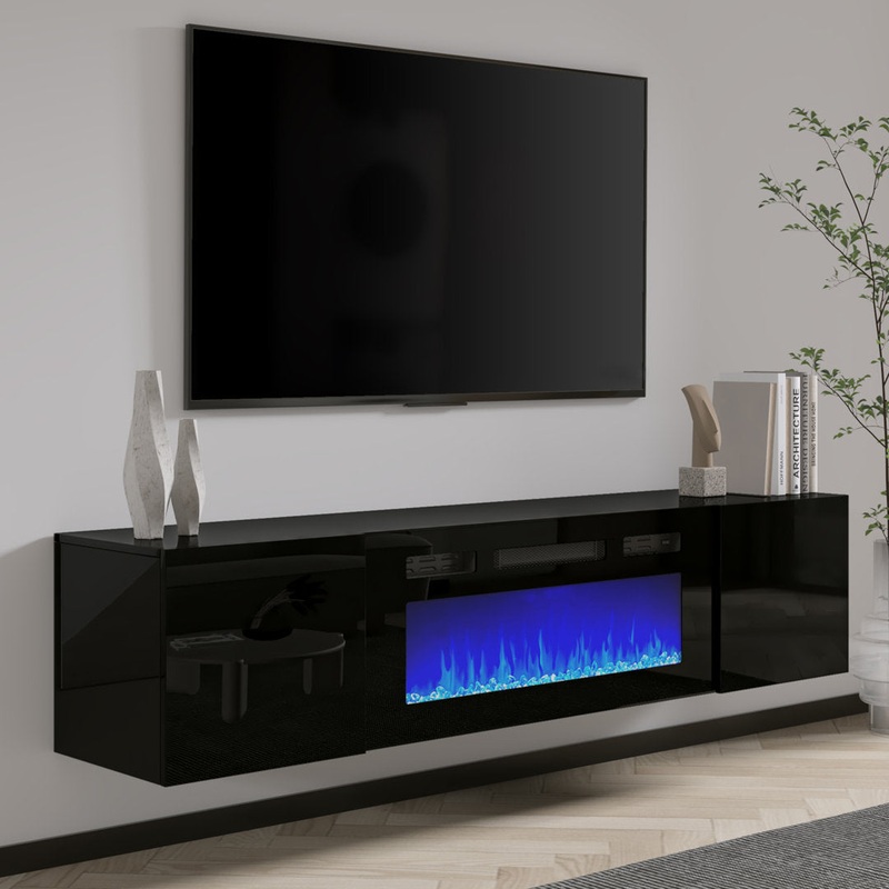 Bhhatu Highgloss Wall Mounted Floating Fireplace TV Stand Wade Logan Color: Black Overall Entertainment Center Width – Side to Side: 68″