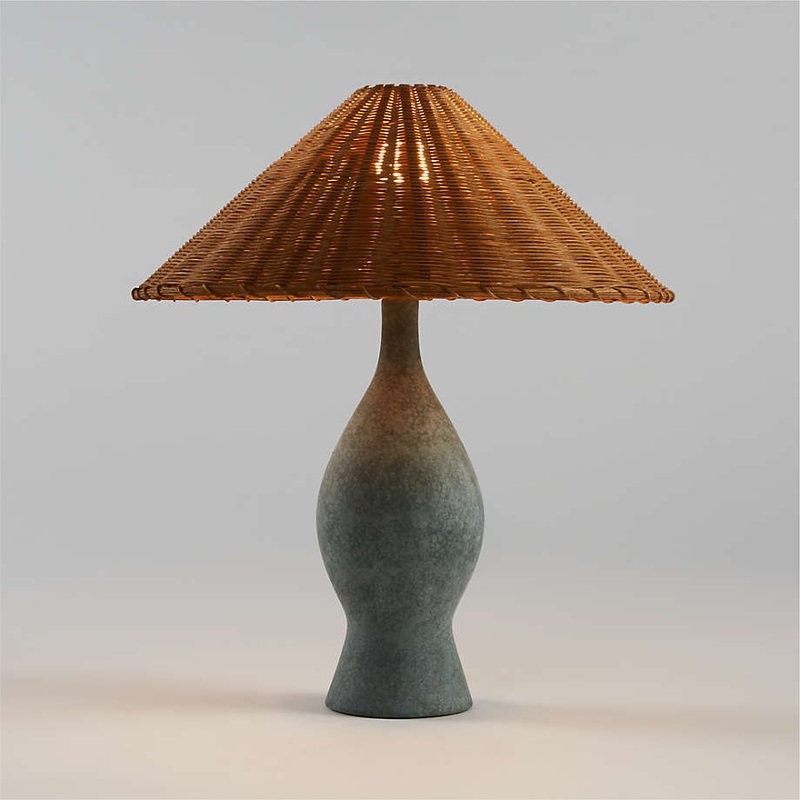 Courbe Green Ceramic Table Lamp with Rattan Shade