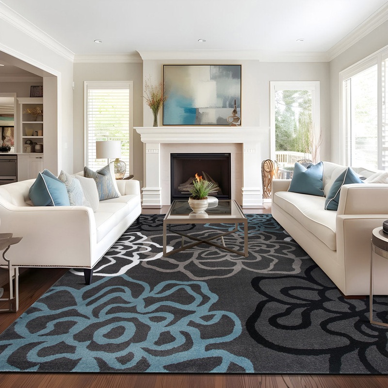 Carius Performance Floral Gray/Blue/Black/White Area Rug Winston Porter Rug Size: Rectangle 7’10” x 10’2″