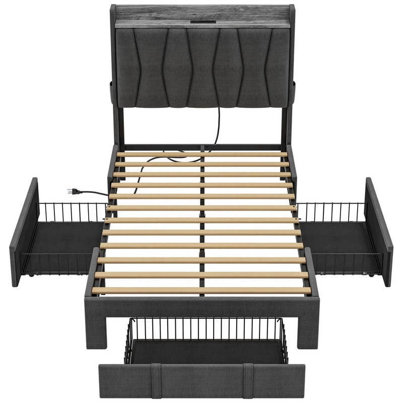 Upholstered Bed Frame with 3 Drawers, Bed with Storage Headboard and Charging Station Ivy Bronx Color: Gray Size: Twin