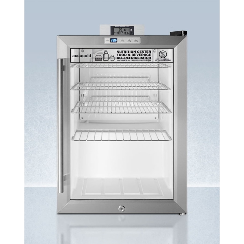 Summit SCR312LNZ Commercially Approved Compact Nutrition Center Series Glass Door All-Refrigerator With Front Lock And Digital Temperature Display