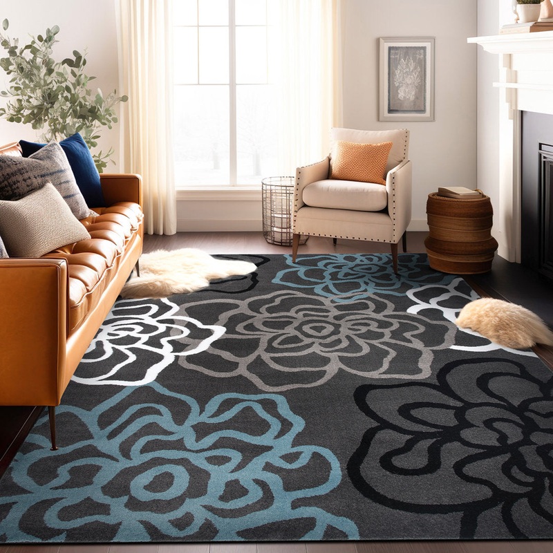 Carius Performance Floral Gray/Blue/Black/White Area Rug Winston Porter Rug Size: Rectangle 6’6″ x 9′