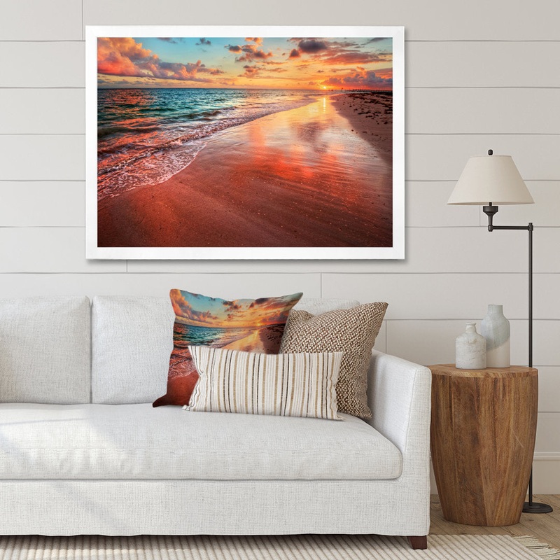 Sunset over an Ocean Beach Shore II – Photograph on Canvas East Urban Home Size: 16″ H x 32″ W x 1″ D Format: White Closed Corner Framed