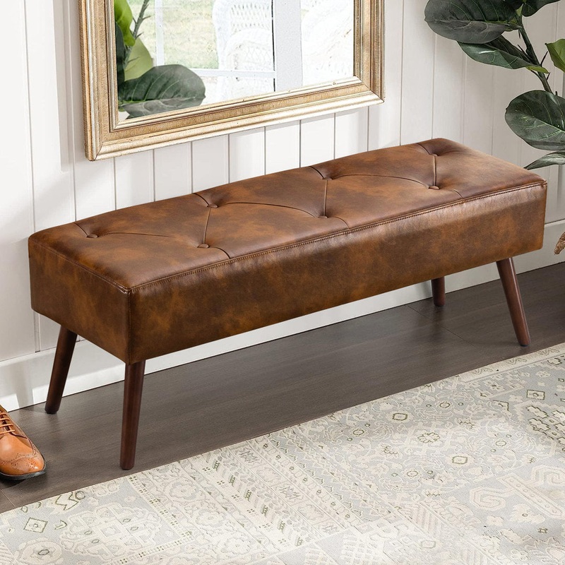 Sveina Faux Leather Bench, 44″ Wide with Metal Legs 17 Stories Color: Dust Yellow