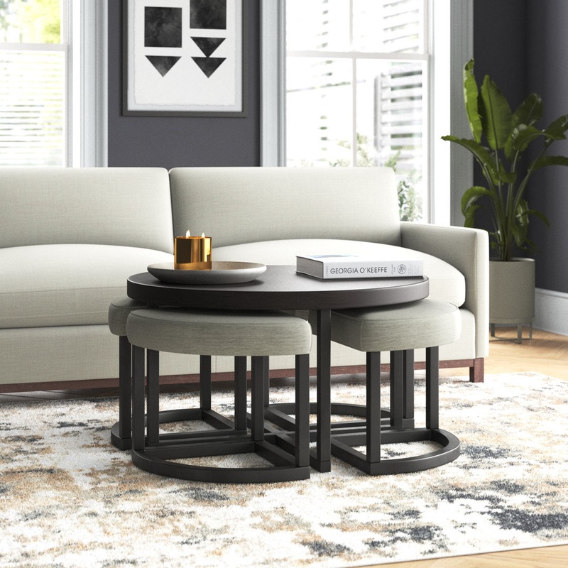 Appio 36″ Round Coffee Table with 4 Stools Wade Logan Table Top Color: Dark Brown Wood