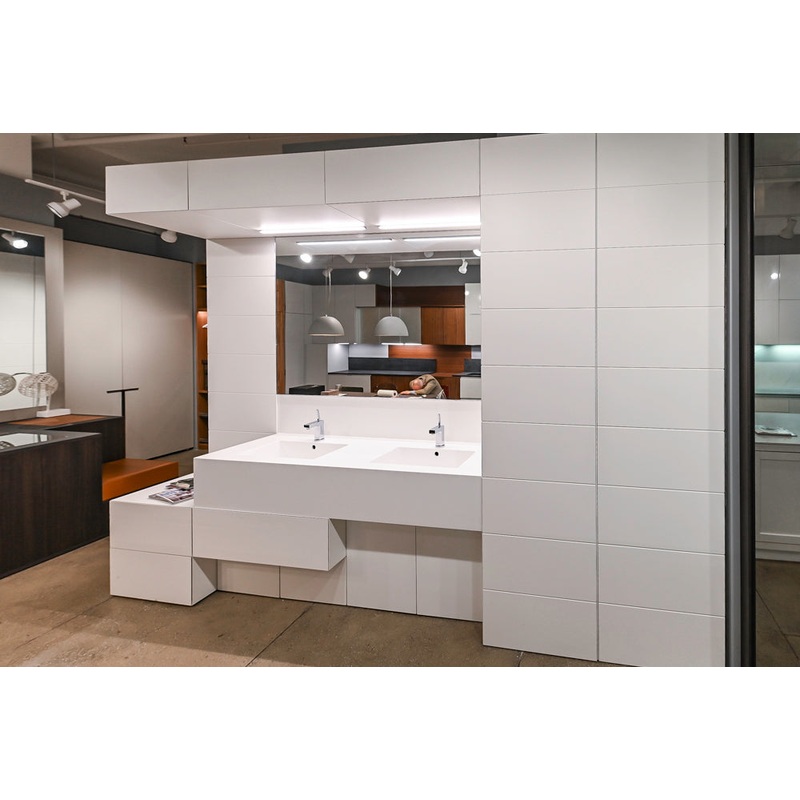 White Modern Vanity Set with Double Sinks and Matching Wardrobe Closet System