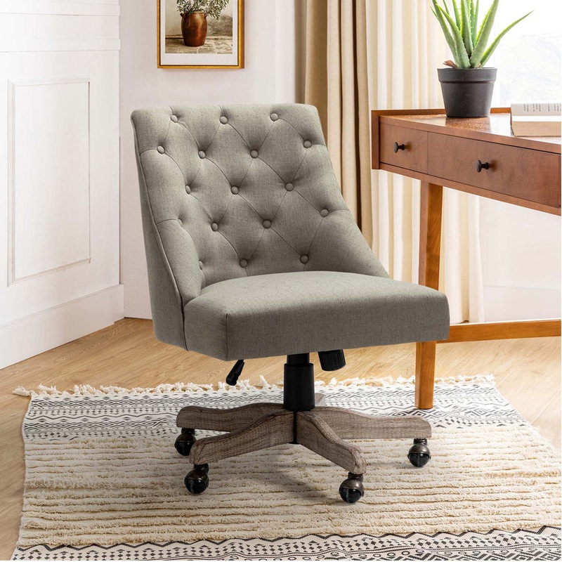Vail 38.5” H Farmhouse Tilting Task Chair with Solid Wood Base and Button-tufted Sand & Stable Upholstery Color: Truffle Linen