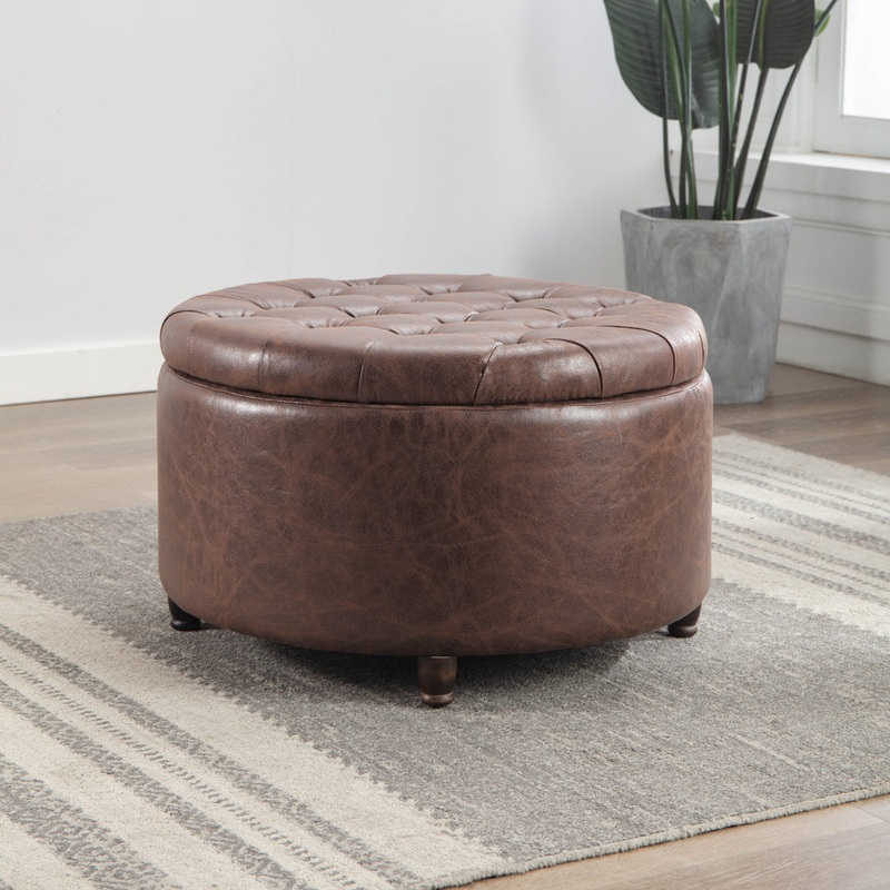 Sanni 28″ Wide Faux Leather Round Storage Ottoman Greyleigh Upholstery Color: Dark Brown Faux Leather
