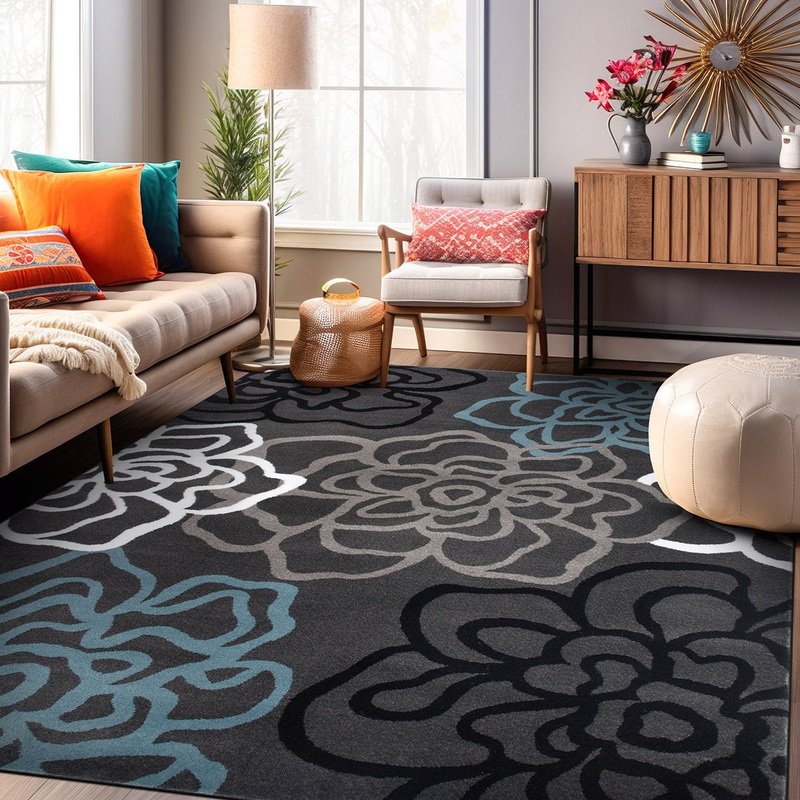 Carius Performance Floral Gray/Blue/Black/White Area Rug Winston Porter Rug Size: Rectangle 5’3″ x 7’3″