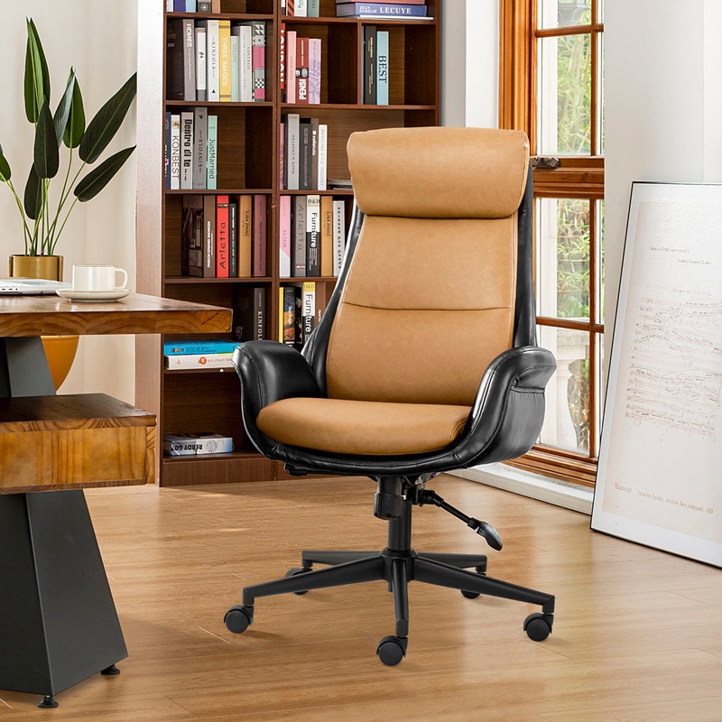 Corjan Mid-Century Modern Gas Lift Swivel Executive Chair or Office Chair with Headrest Brayden Studio Upholstery Color: Camel/Black, Frame Color: Black