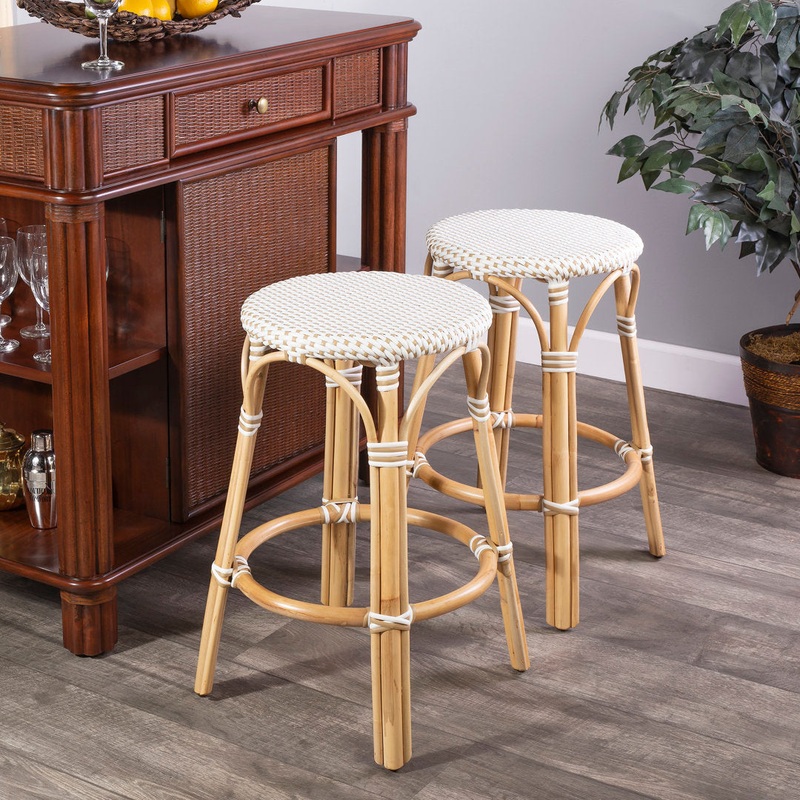 Alastair Bar & Counter Stool Birch Lane Color: White/Tan Dot/Natural Rattan Frame Seat Height: Counter Stool (24″ Seat Height)