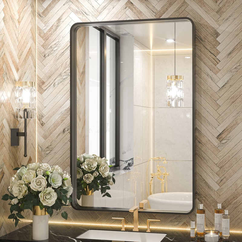 Tyro Bathroom Decorative Home Dcor Corner Hangs Bathroom Mirror Latitude Run Size: 36″ x 55″ Finish: Matte Black, Shape: Rectangle