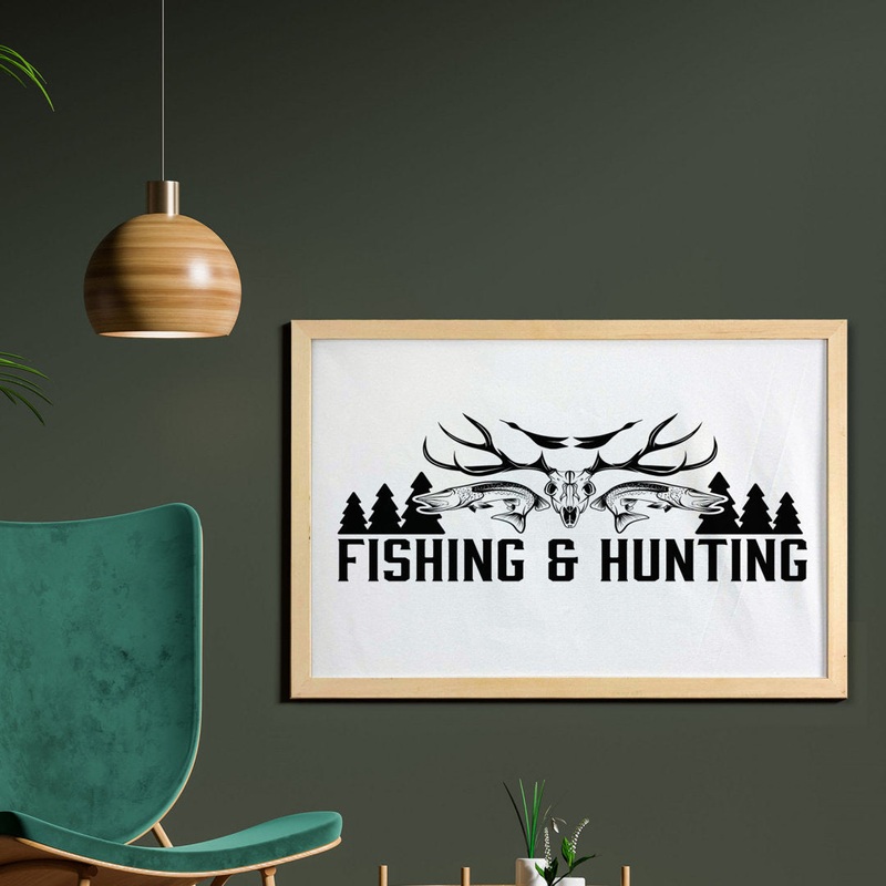 Ambesonne Hunting Wall Art With Frame, Hunting And Fishing In Vintage Emblem Design Antler Horns Mallard Pine Tree, Printed Fabric Poster For Bathroom Living Room Dorms, 35″ X 23″, Black And White East Urban Home