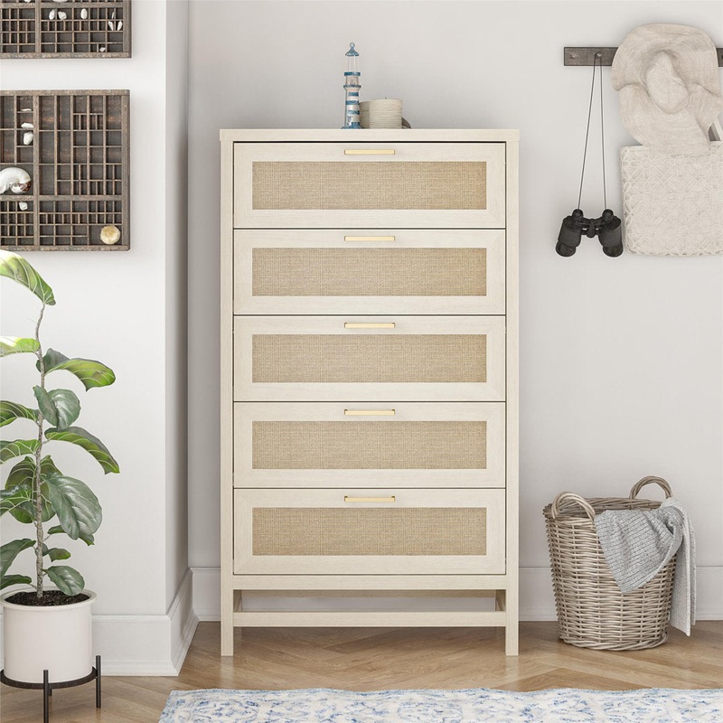Barros Faux Rattan 5 Drawer 31.65″ W Chest Beachcrest Home Color: Ivory Oak