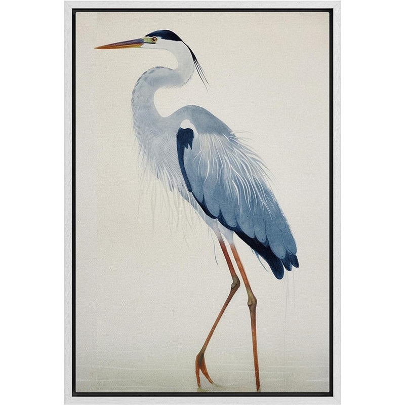 Crane Heron Bird Watercolor Pastel Blue Animal Pictures Large Framed Canvas Painting Print Wall Art IDEA4WALL Size: 24″ H x 16″ W x 1.5″ D Format: White Floater Frame