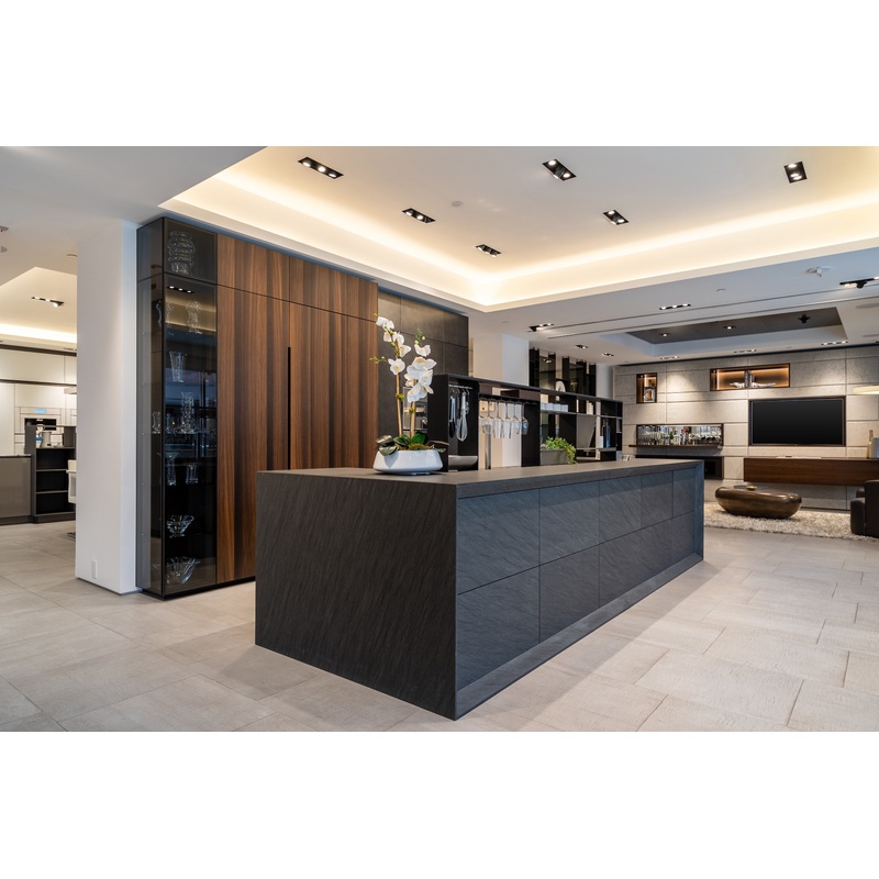 eggersmann USA Glance Glass and Carbono Stone Island Modern Smoked Oak Kitchen with Gaggenau Appliances