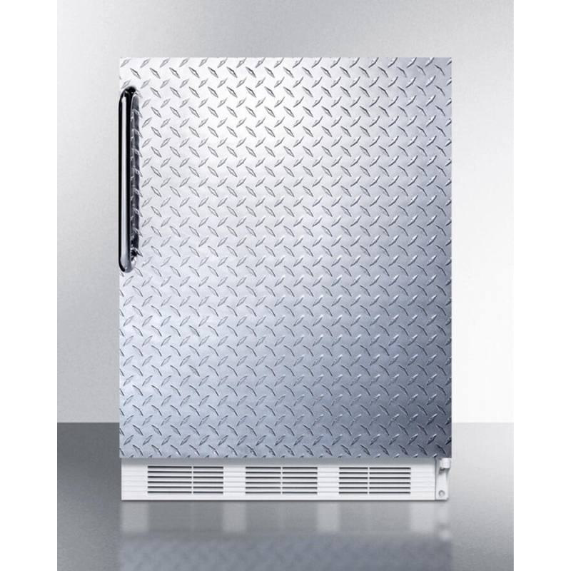 Summit CT661BIDPL Built-In Undercounter Refrigerator-Freezer For Residential Use, Cycle Defrost With A Diamond Plate Wrapped Door, Towel Bar Handle, And White Cabinet