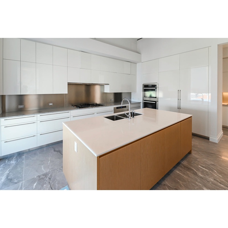 Aran Cucine Modern Glossy White Kitchen with Island, Marble Countertops & Miele Appliances